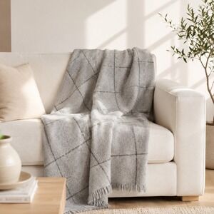 Threshold Grey Windowpane Textured Boucle Throw Blanket with Fringe 50x60 NEW